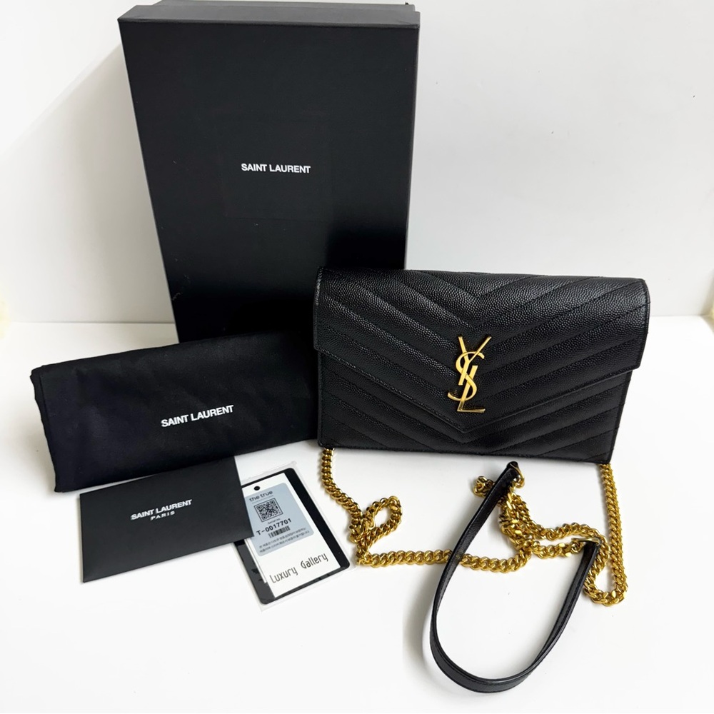 Saint Laurent Chevron Black Clutch with Gold Chain